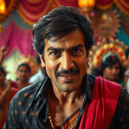 A highly realistic Bollywood deepfake scene featuring an iconic actor, showcasing dramatic facial expressions and dynamic movements