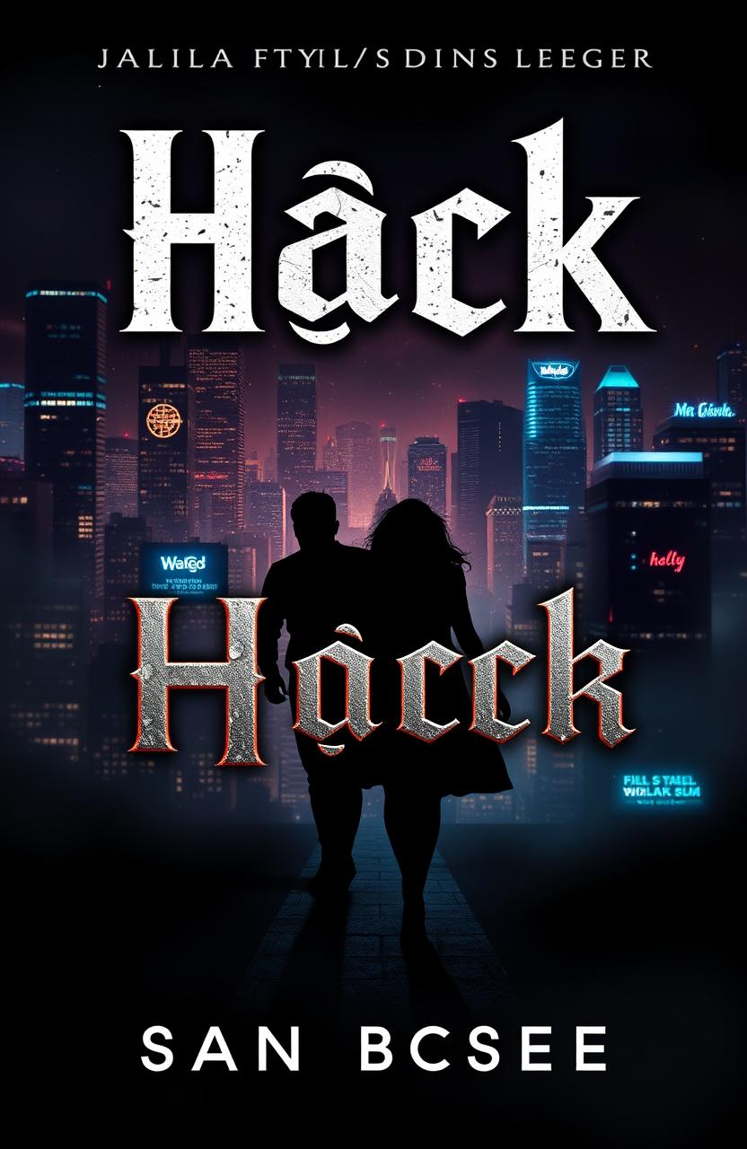 A modern and mysterious book cover design for the new title H@ck, featuring a dark background with a nighttime cityscape full of glowing buildings and neon lights, creating a futuristic atmosphere