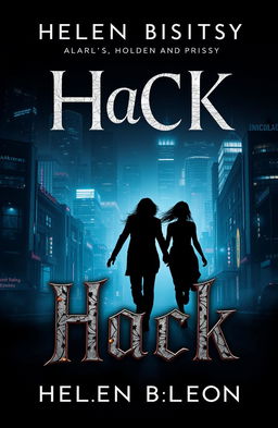 A modern and mysterious book cover design for the new title H@ck, featuring a dark background with a nighttime cityscape full of glowing buildings and neon lights, creating a futuristic atmosphere