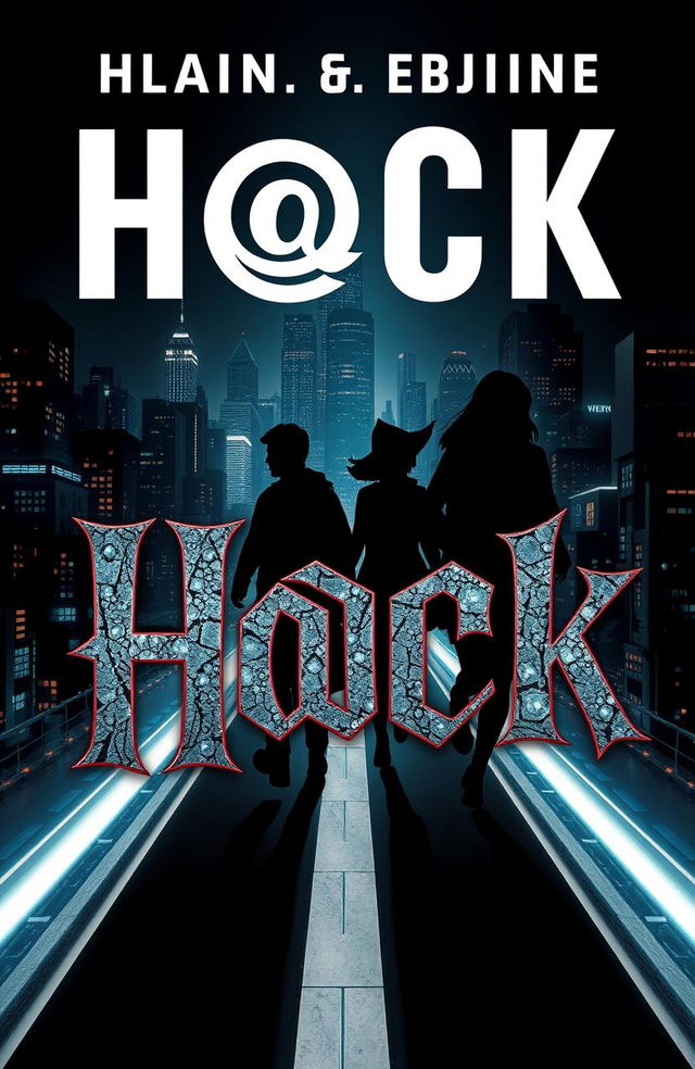 A modern and mysterious book cover design for the new title H@ck, featuring a dark background with a nighttime cityscape full of glowing buildings and neon lights, creating a futuristic atmosphere