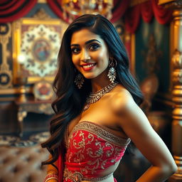 A sultry Indian actress in a glamorous Bollywood-style glamorous outfit, posing playfully in a lavish setting; the background features traditional Indian decor with rich colors and intricate designs