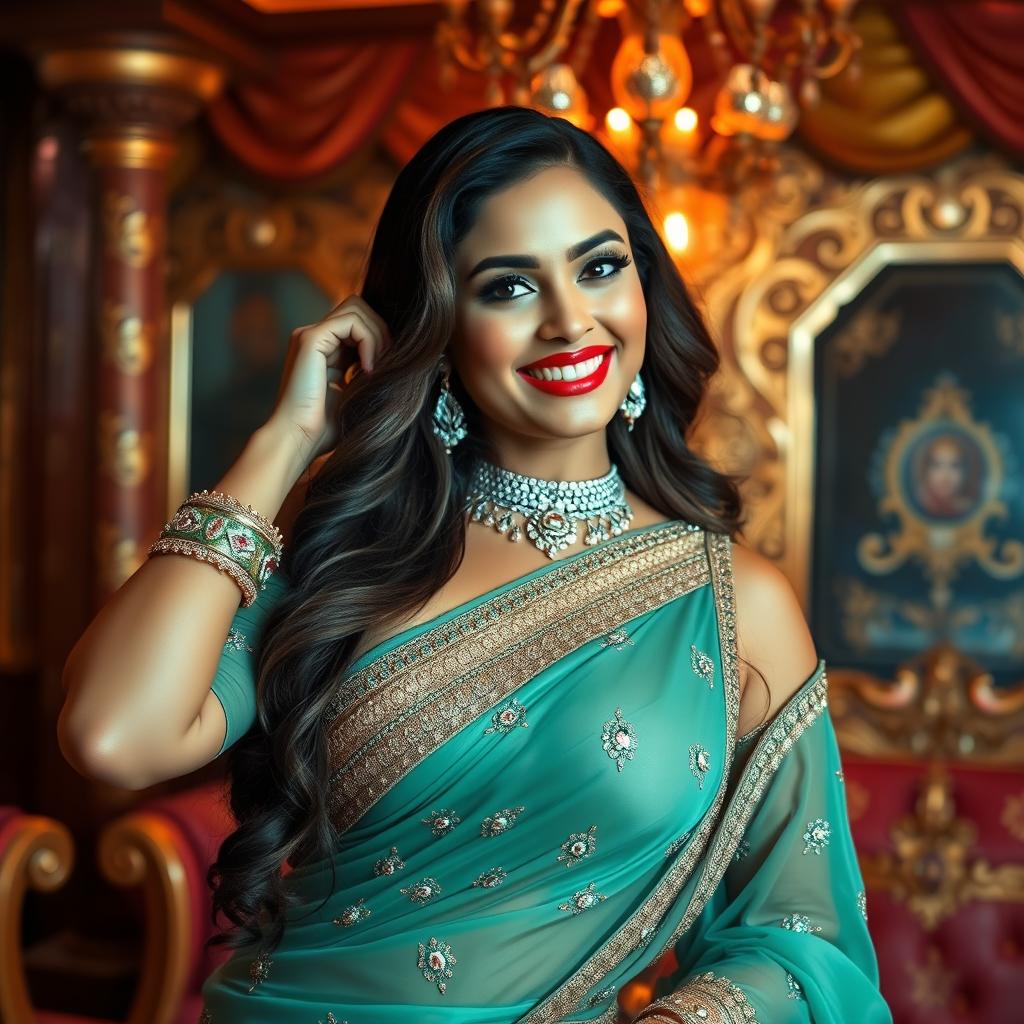 A sultry Indian actress in a glamorous Bollywood-style glamorous outfit, posing playfully in a lavish setting; the background features traditional Indian decor with rich colors and intricate designs