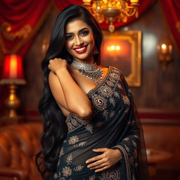 A sultry Indian actress in a glamorous Bollywood-style glamorous outfit, posing playfully in a lavish setting; the background features traditional Indian decor with rich colors and intricate designs