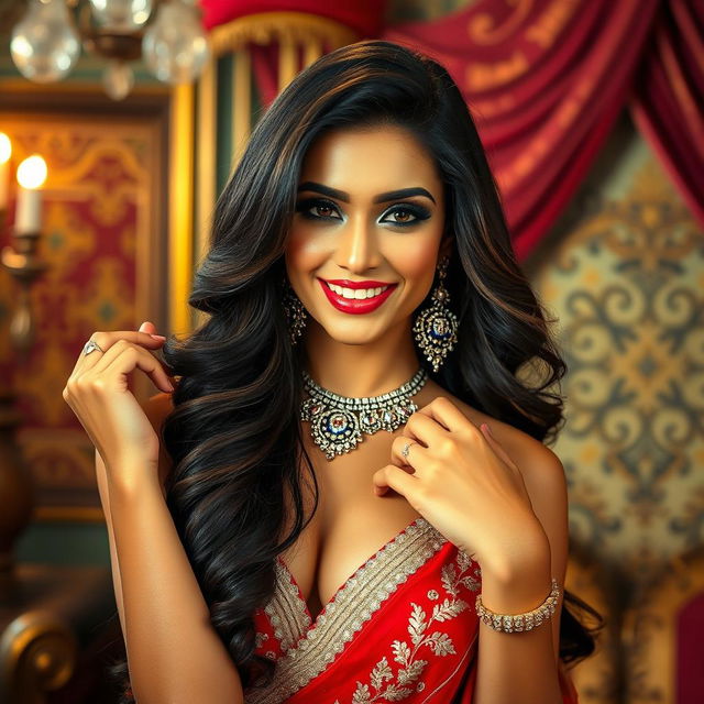 A sultry Indian actress in a glamorous Bollywood-style glamorous outfit, posing playfully in a lavish setting; the background features traditional Indian decor with rich colors and intricate designs