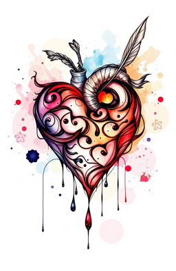 A beautifully illustrated concept of 'Ink of the Heart' featuring an intricately designed heart made of swirling ink, surrounded by vibrant splashes of color