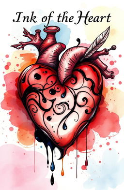 A beautifully illustrated concept of 'Ink of the Heart' featuring an intricately designed heart made of swirling ink, surrounded by vibrant splashes of color