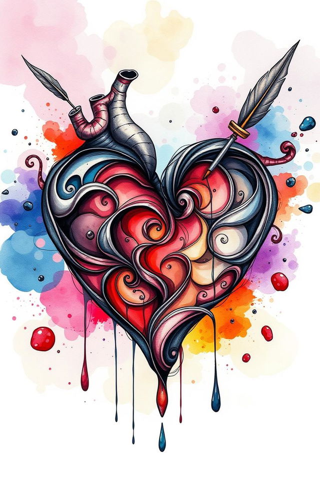 A beautifully illustrated concept of 'Ink of the Heart' featuring an intricately designed heart made of swirling ink, surrounded by vibrant splashes of color