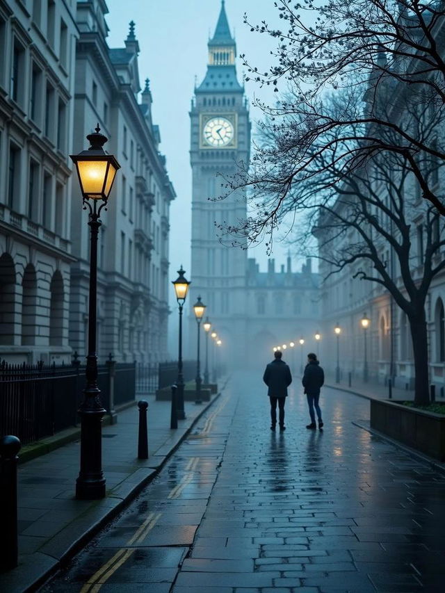 A mysterious and atmospheric scene set in a foggy London street, with a lone figure walking away from the camera