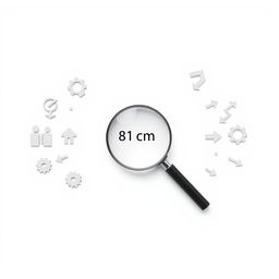 A minimalist image featuring a white background, dominated by a centrally placed magnifying glass measuring 8 cm x 12 cm