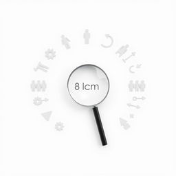 A minimalist image featuring a white background, dominated by a centrally placed magnifying glass measuring 8 cm x 12 cm