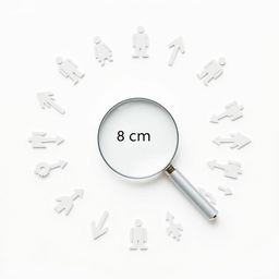 A minimalist image featuring a white background, dominated by a centrally placed magnifying glass measuring 8 cm x 12 cm