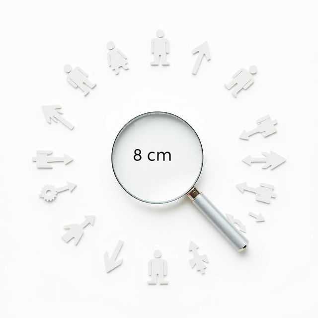 A minimalist image featuring a white background, dominated by a centrally placed magnifying glass measuring 8 cm x 12 cm