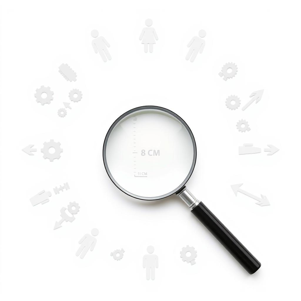 A minimalist image featuring a white background, dominated by a centrally placed magnifying glass measuring 8 cm x 12 cm