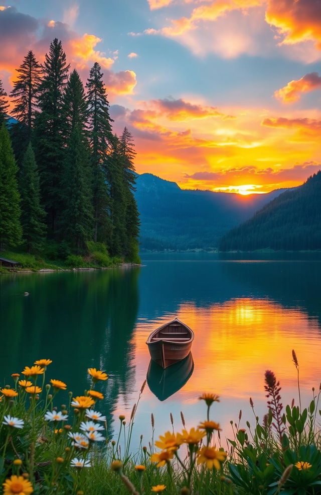 A beautiful landscape of a sunset over a tranquil lake, surrounded by tall pine trees and lush green hills