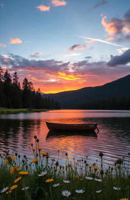 A beautiful landscape of a sunset over a tranquil lake, surrounded by tall pine trees and lush green hills