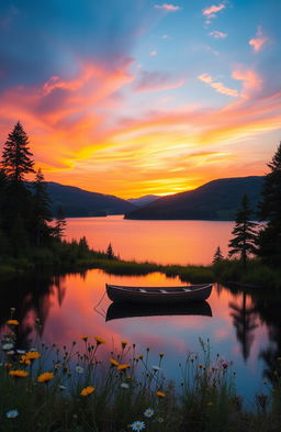 A beautiful landscape of a sunset over a tranquil lake, surrounded by tall pine trees and lush green hills