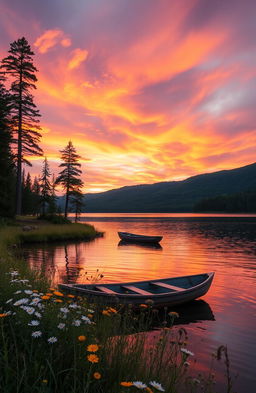 A beautiful landscape of a sunset over a tranquil lake, surrounded by tall pine trees and lush green hills