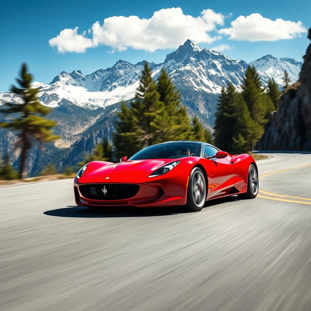 A stunning red sports car speeding down a winding mountain road, with a breathtaking view of snow-capped peaks in the background