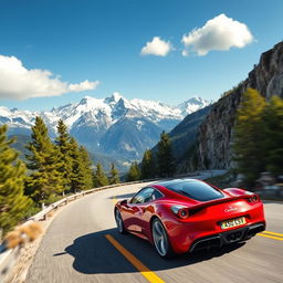A stunning red sports car speeding down a winding mountain road, with a breathtaking view of snow-capped peaks in the background