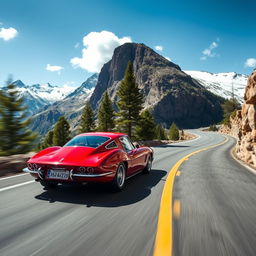 A stunning red sports car speeding down a winding mountain road, with a breathtaking view of snow-capped peaks in the background