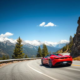 A stunning red sports car speeding down a winding mountain road, with a breathtaking view of snow-capped peaks in the background