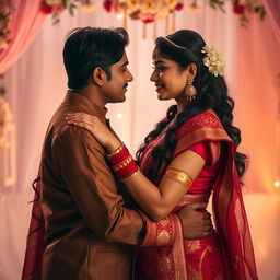 A sensual and intimate scene featuring a beautiful Hindu couple embracing in a romantic setting