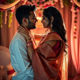 A sensual and intimate scene featuring a beautiful Hindu couple embracing in a romantic setting