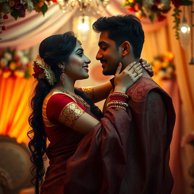 A sensual and intimate scene featuring a beautiful Hindu couple embracing in a romantic setting