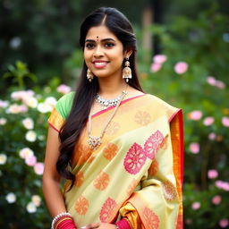 A beautiful Hindu wife dressed in a traditional saree, adorned with intricate patterns and vibrant colors, wearing elegant jewelry including earrings, a necklace, and bangles