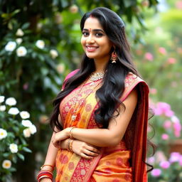 A beautiful Hindu wife dressed in a traditional saree, adorned with intricate patterns and vibrant colors, wearing elegant jewelry including earrings, a necklace, and bangles