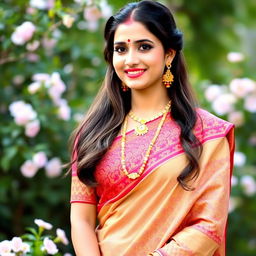A beautiful Hindu wife dressed in a traditional saree, adorned with intricate patterns and vibrant colors, wearing elegant jewelry including earrings, a necklace, and bangles
