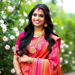 A beautiful Hindu wife dressed in a traditional saree, adorned with intricate patterns and vibrant colors, wearing elegant jewelry including earrings, a necklace, and bangles