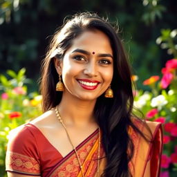 A beautiful Indian woman with a warm smile, wearing a traditional sari adorned with intricate patterns