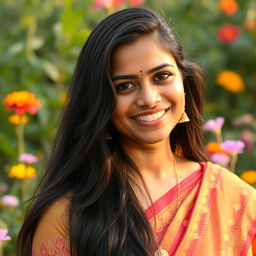 A beautiful Indian woman with a warm smile, wearing a traditional sari adorned with intricate patterns