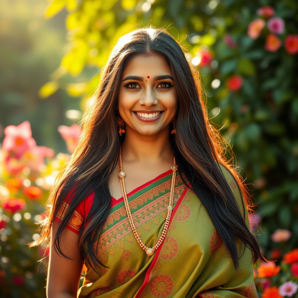 A beautiful Indian woman with a warm smile, wearing a traditional sari adorned with intricate patterns