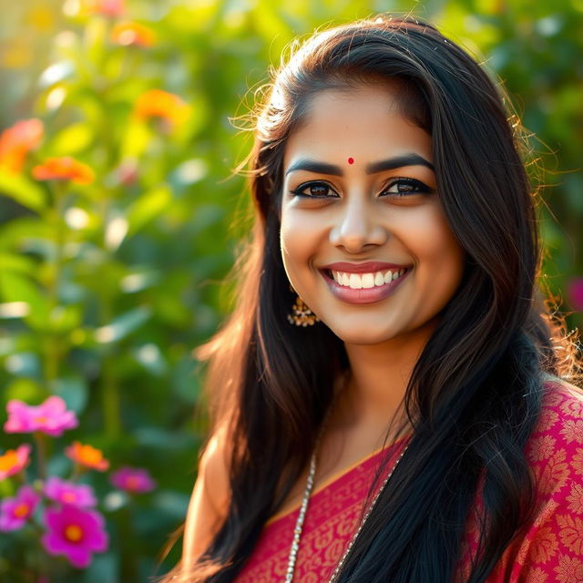 A beautiful Indian woman with a warm smile, wearing a traditional sari adorned with intricate patterns