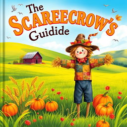 An imaginative cover illustration for 'The Scarecrow's Guide', showcasing a whimsical scarecrow standing in a lush green field