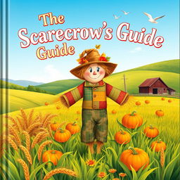 An imaginative cover illustration for 'The Scarecrow's Guide', showcasing a whimsical scarecrow standing in a lush green field