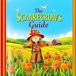 An imaginative cover illustration for 'The Scarecrow's Guide', showcasing a whimsical scarecrow standing in a lush green field