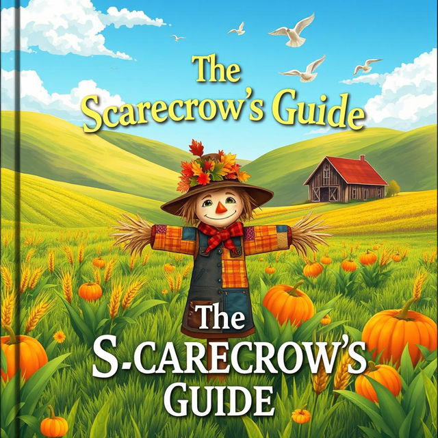 An imaginative cover illustration for 'The Scarecrow's Guide', showcasing a whimsical scarecrow standing in a lush green field