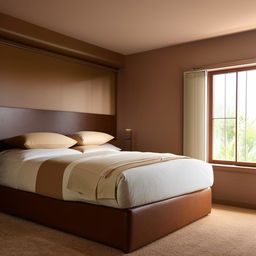 A spacious room featuring a king-size bed with a chocolate-brown headboard and cream bedding. The room is adorned with light brown painted walls and has sliding windows in front. Space is available on either side of the bed, leading to cupboards.