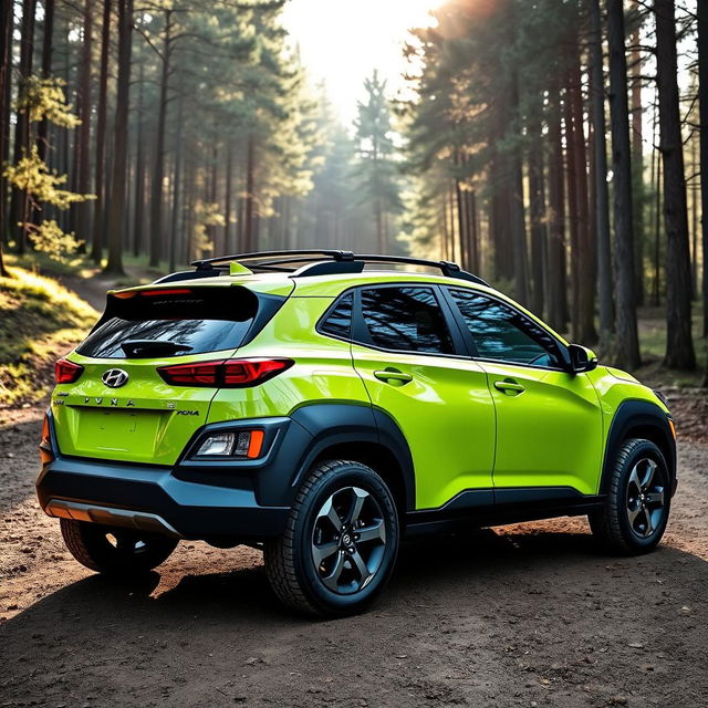 A vibrant lime green 2020 Hyundai Kona, featuring a robust roof rack, striking black fender flares, and rugged off-road wheels