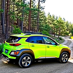 A vibrant lime green 2020 Hyundai Kona, featuring a robust roof rack, striking black fender flares, and rugged off-road wheels