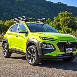 A vibrant lime green 2020 Hyundai Kona, featuring a robust roof rack on top