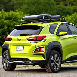 A vibrant lime green 2020 Hyundai Kona, featuring a robust roof rack on top