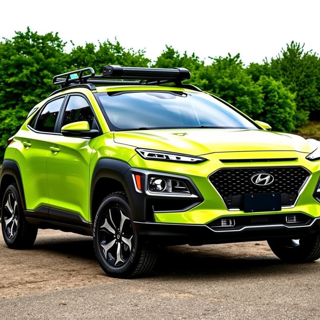 A vibrant lime green 2020 Hyundai Kona, featuring a robust roof rack on top