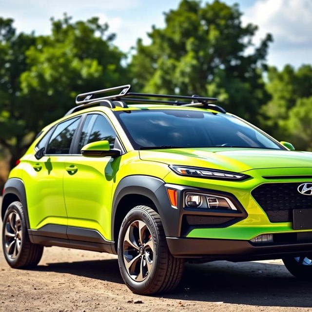 A vibrant lime green 2020 Hyundai Kona, featuring a robust roof rack on top