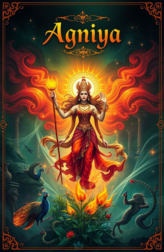 A captivating and mystical cover design for a fantasy storybook titled 'Agniya', inspired by Indian mythology