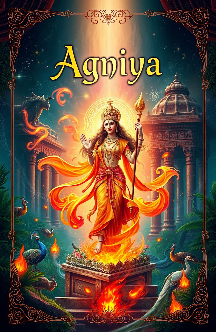 A captivating and mystical cover design for a fantasy storybook titled 'Agniya', inspired by Indian mythology