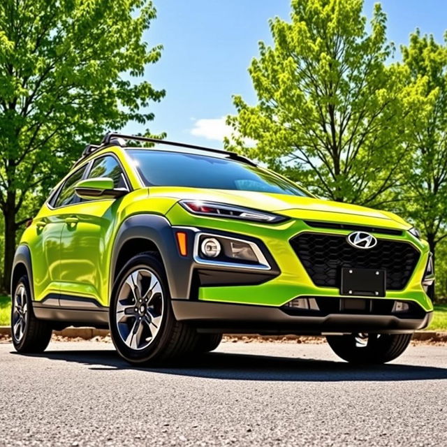 A vibrant lime green 2020 Hyundai Kona parked in a scenic outdoor setting